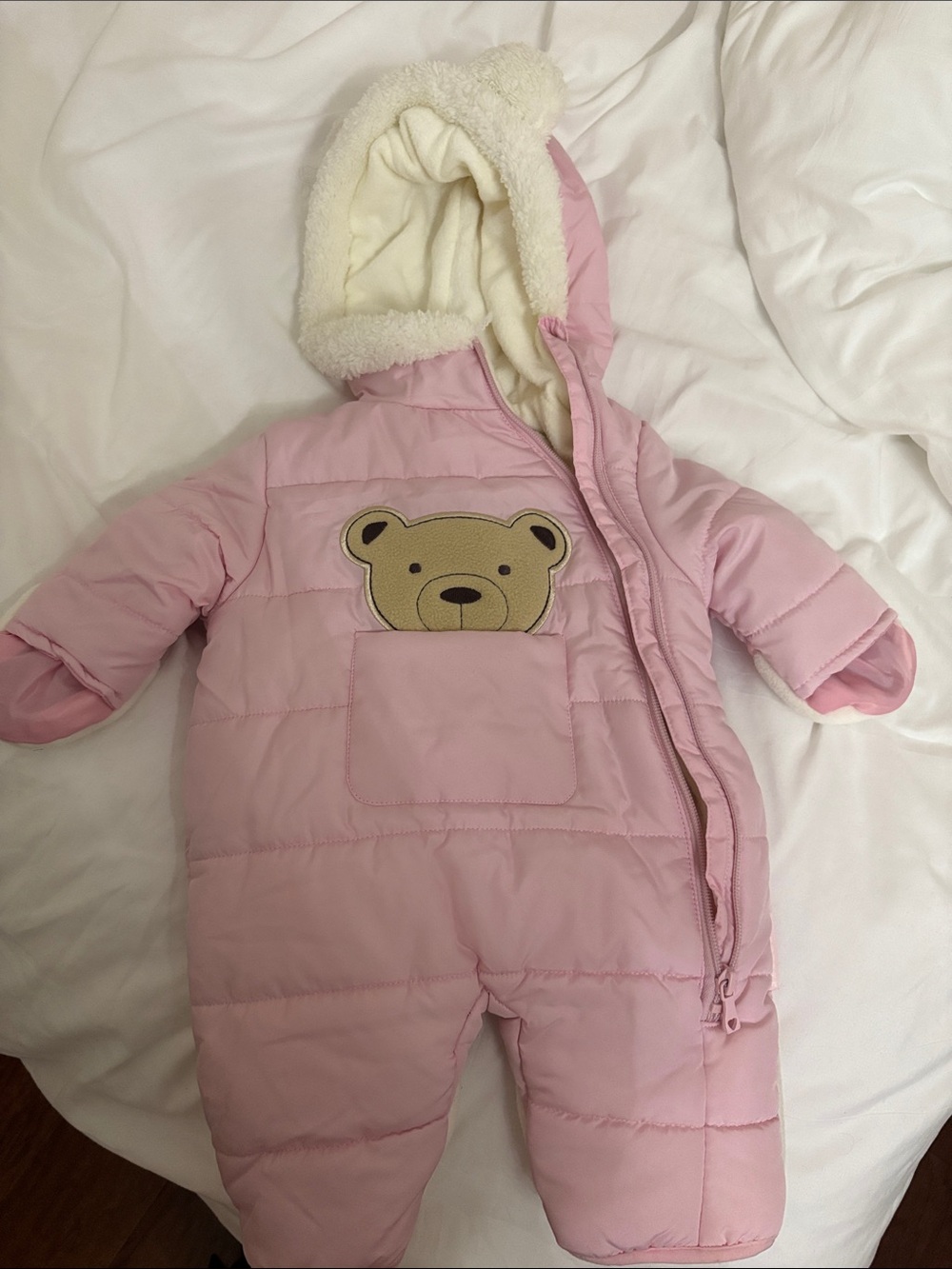 Wippette Pink Infant Hooded Snowsuit with Bear Applique